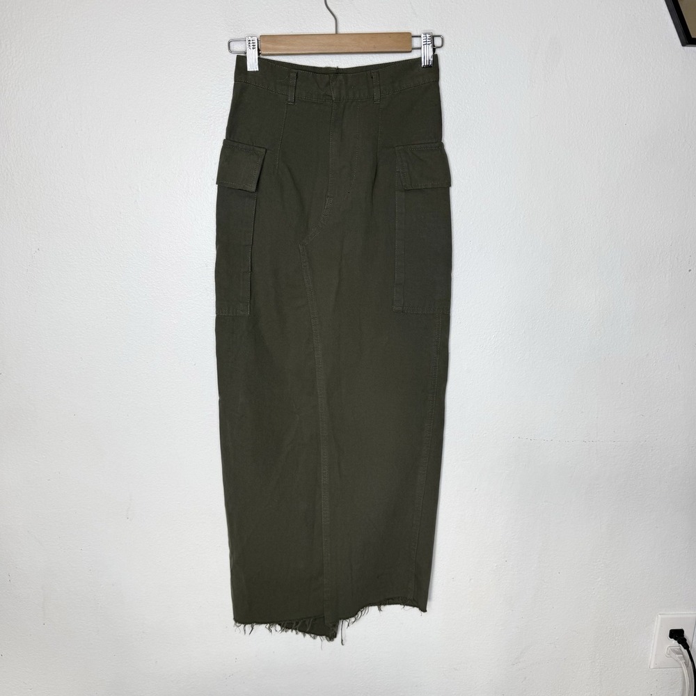 Local European Olive Green Raw Hem Side Slit Cargo Long Skirt Boho Women's XS